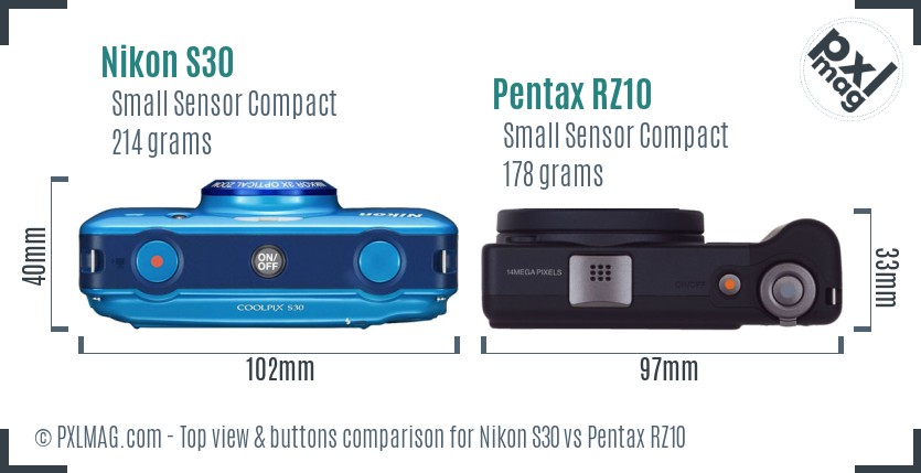 Nikon S30 vs Pentax RZ10 top view buttons comparison