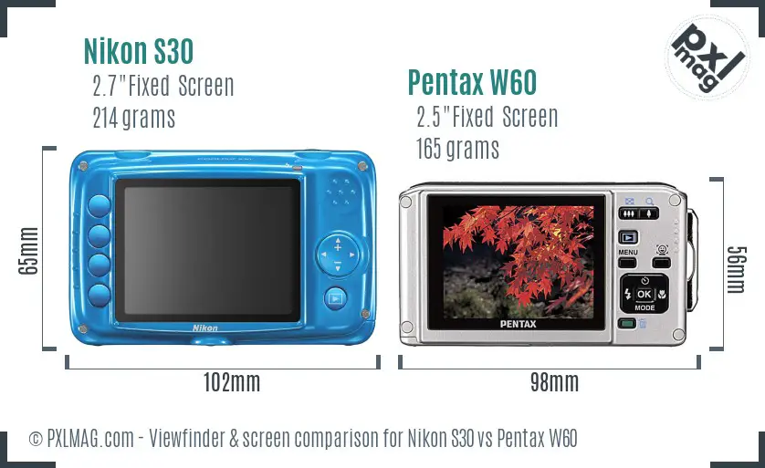 Nikon S30 vs Pentax W60 Screen and Viewfinder comparison