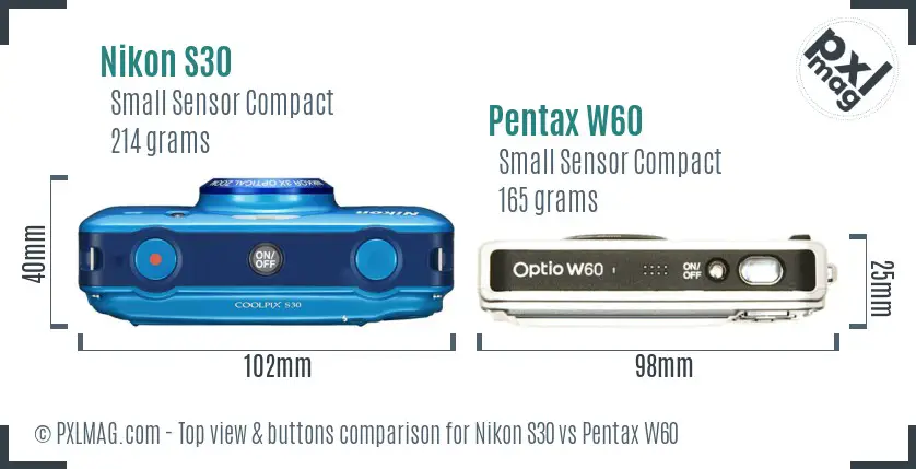 Nikon S30 vs Pentax W60 top view buttons comparison