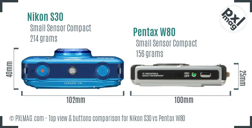 Nikon S30 vs Pentax W80 top view buttons comparison Nikon S30 vs Pentax W80 top view buttons comparison