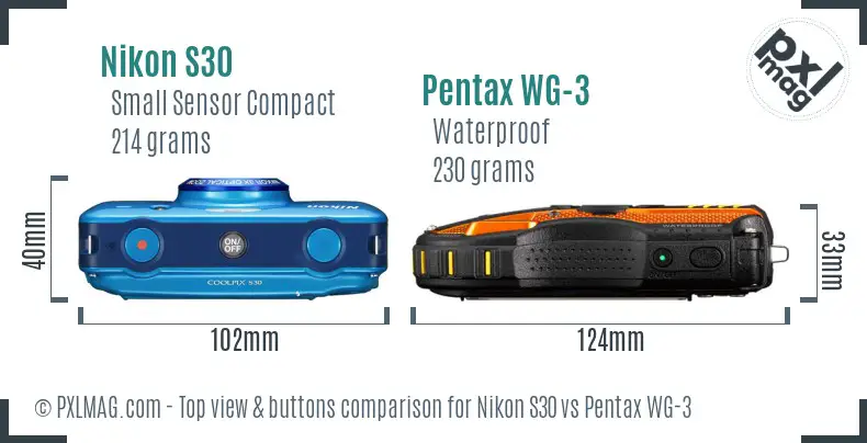 Nikon S30 vs Pentax WG-3 top view buttons comparison Nikon S30 vs Pentax WG-3 top view buttons comparison