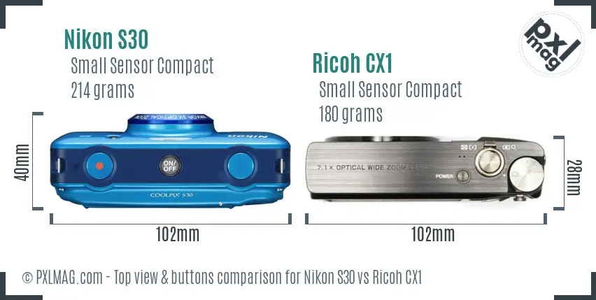 Nikon S30 vs Ricoh CX1 top view buttons comparison