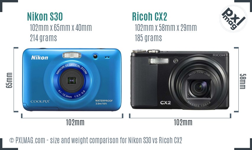 Nikon S30 vs Ricoh CX2 size comparison Nikon S30 vs Ricoh CX2 size comparison