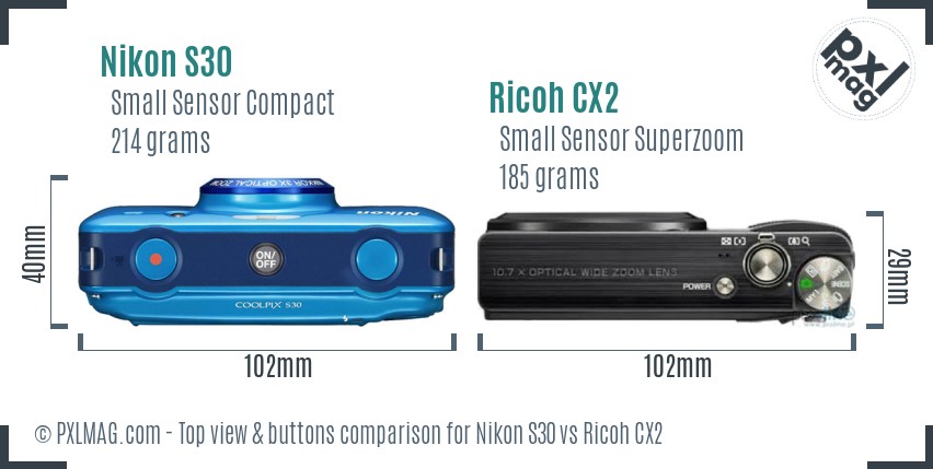 Nikon S30 vs Ricoh CX2 top view buttons comparison