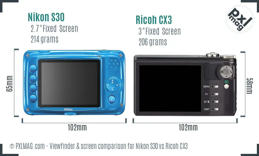 Nikon S30 vs Ricoh CX3 Screen and Viewfinder comparison