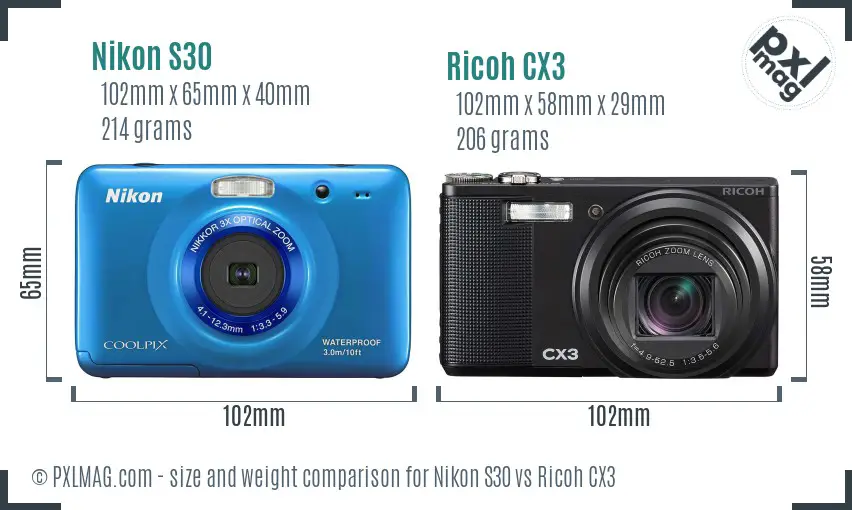 Nikon S30 vs Ricoh CX3 size comparison