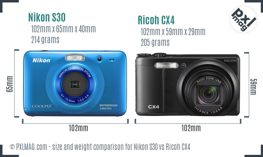 Nikon S30 vs Ricoh CX4 size comparison