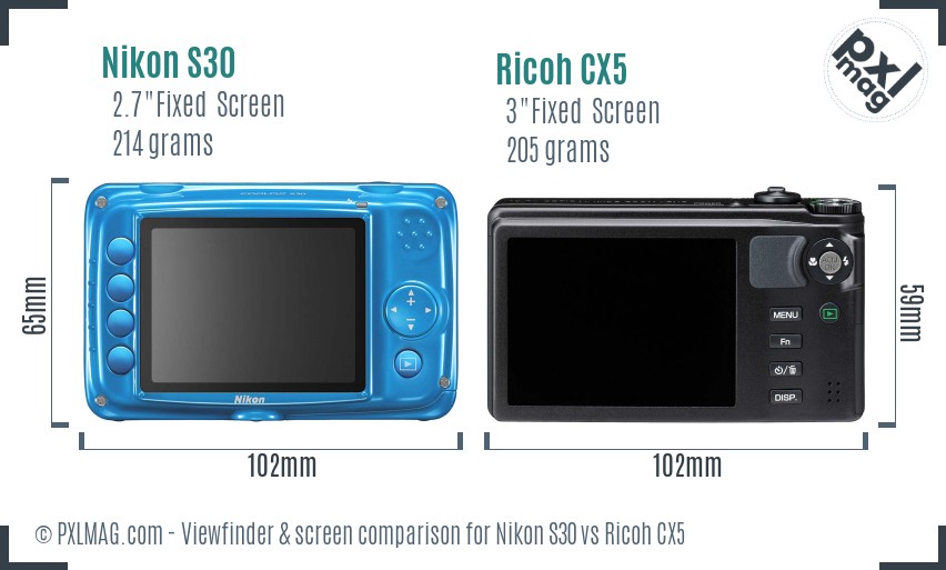 Nikon S30 vs Ricoh CX5 Screen and Viewfinder comparison
