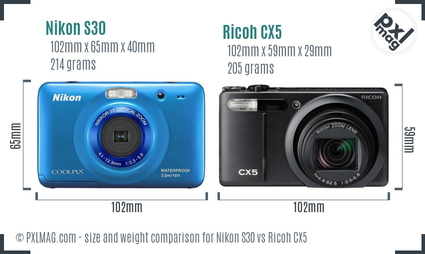 Nikon S30 vs Ricoh CX5 size comparison