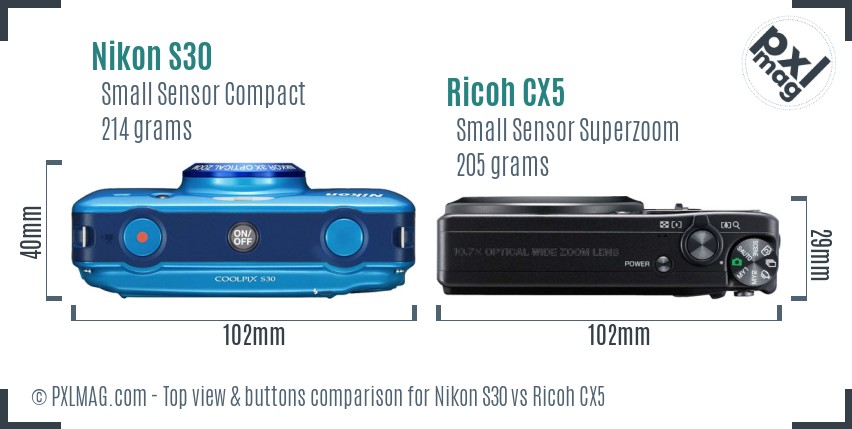 Nikon S30 vs Ricoh CX5 top view buttons comparison