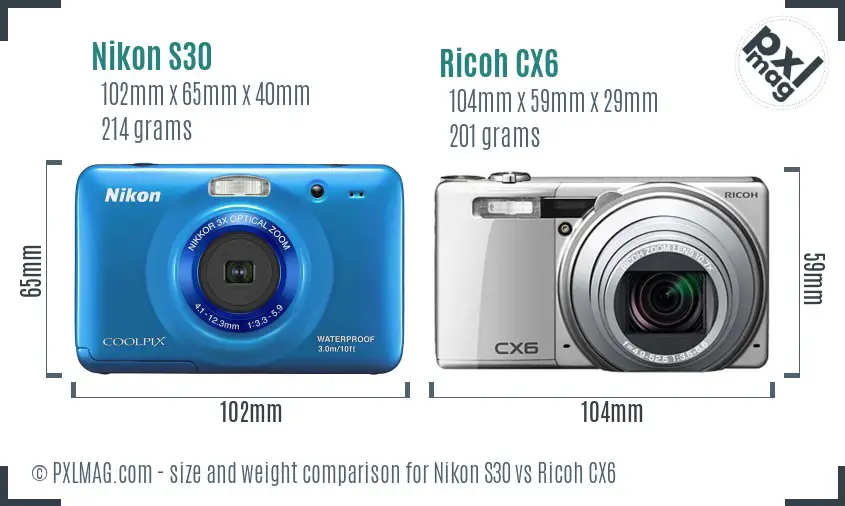 Nikon S30 vs Ricoh CX6 size comparison