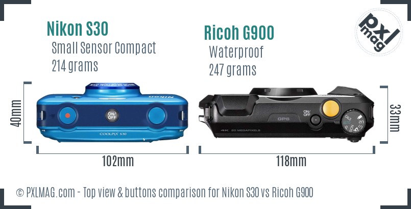 Nikon S30 vs Ricoh G900 top view buttons comparison