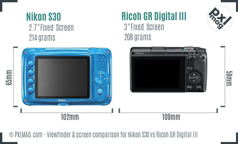 Nikon S30 vs Ricoh GR Digital III Screen and Viewfinder comparison