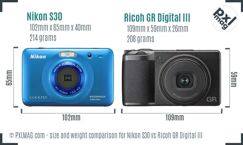 Nikon S30 vs Ricoh GR Digital III size comparison