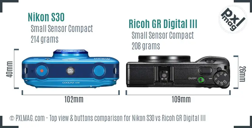 Nikon S30 vs Ricoh GR Digital III top view buttons comparison