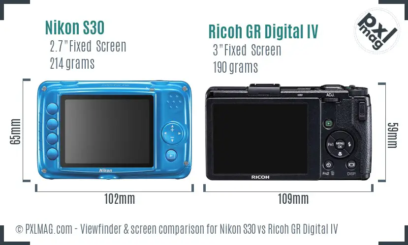 Nikon S30 vs Ricoh GR Digital IV Screen and Viewfinder comparison
