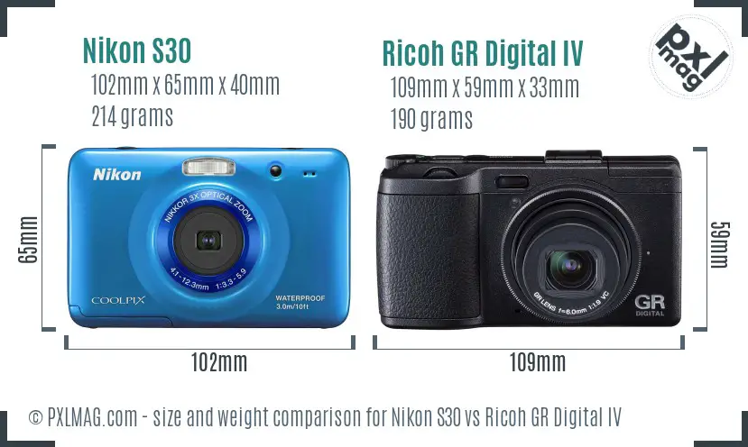 Nikon S30 vs Ricoh GR Digital IV size comparison