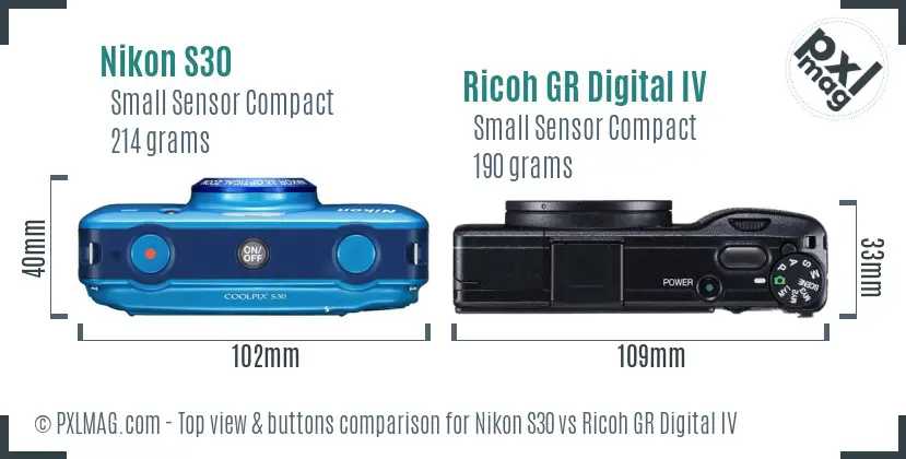 Nikon S30 vs Ricoh GR Digital IV top view buttons comparison