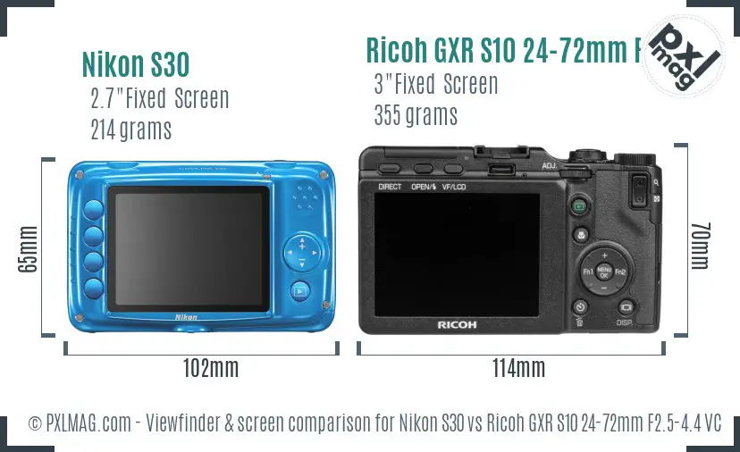 Nikon S30 vs Ricoh GXR S10 24-72mm F2.5-4.4 VC Screen and Viewfinder comparison
