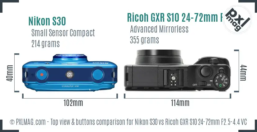 Nikon S30 vs Ricoh GXR S10 24-72mm F2.5-4.4 VC top view buttons comparison