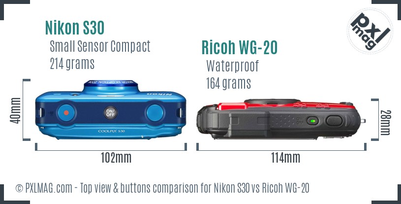 Nikon S30 vs Ricoh WG-20 top view buttons comparison
