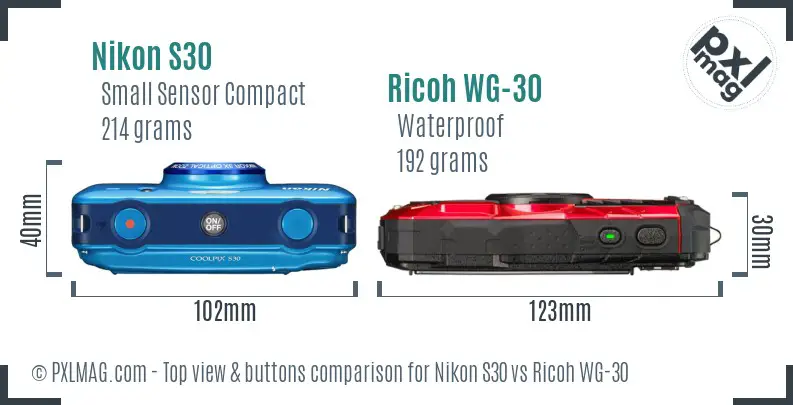 Nikon S30 vs Ricoh WG-30 top view buttons comparison