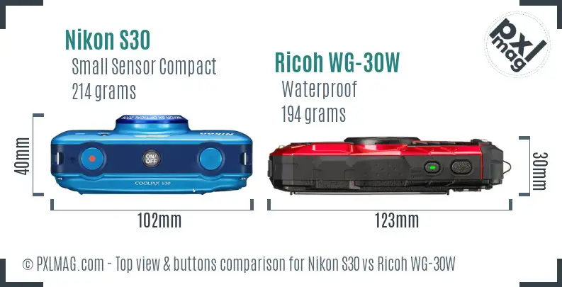 Nikon S30 vs Ricoh WG-30W top view buttons comparison Nikon S30 vs Ricoh WG-30W top view buttons comparison