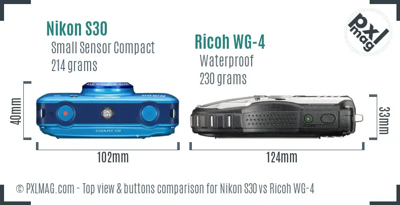 Nikon S30 vs Ricoh WG-4 top view buttons comparison Nikon S30 vs Ricoh WG-4 top view buttons comparison