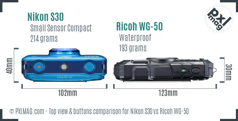 Nikon S30 vs Ricoh WG-50 top view buttons comparison Nikon S30 vs Ricoh WG-50 top view buttons comparison