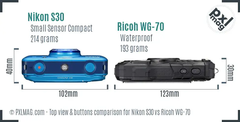 Nikon S30 vs Ricoh WG-70 top view buttons comparison