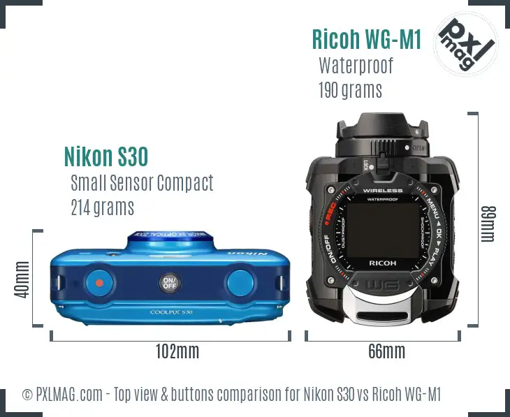 Nikon S30 vs Ricoh WG-M1 top view buttons comparison Nikon S30 vs Ricoh WG-M1 top view buttons comparison