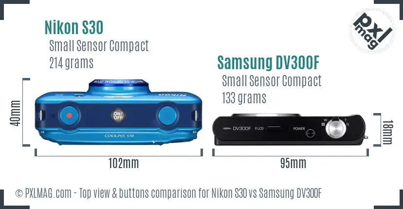 Nikon S30 vs Samsung DV300F top view buttons comparison