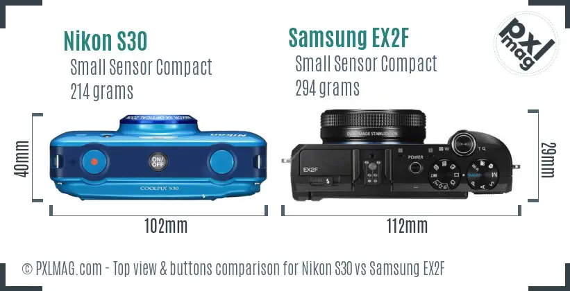 Nikon S30 vs Samsung EX2F top view buttons comparison