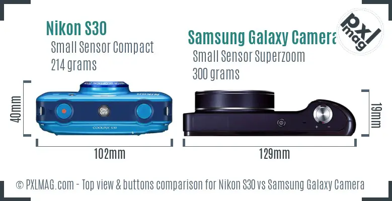 Nikon S30 vs Samsung Galaxy Camera top view buttons comparison Nikon S30 vs Samsung Galaxy Camera top view buttons comparison