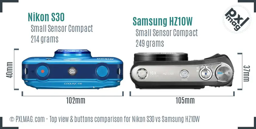 Nikon S30 vs Samsung HZ10W top view buttons comparison