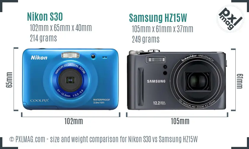 Nikon S30 vs Samsung HZ15W size comparison