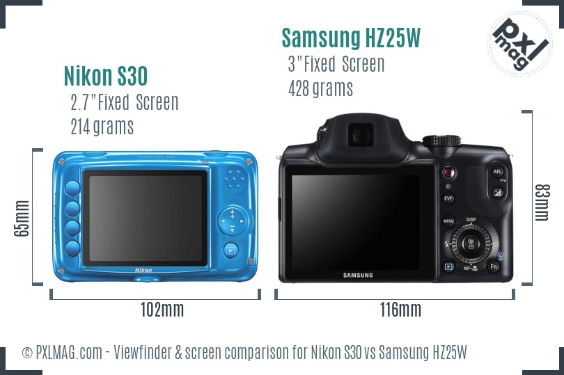 Nikon S30 vs Samsung HZ25W Screen and Viewfinder comparison