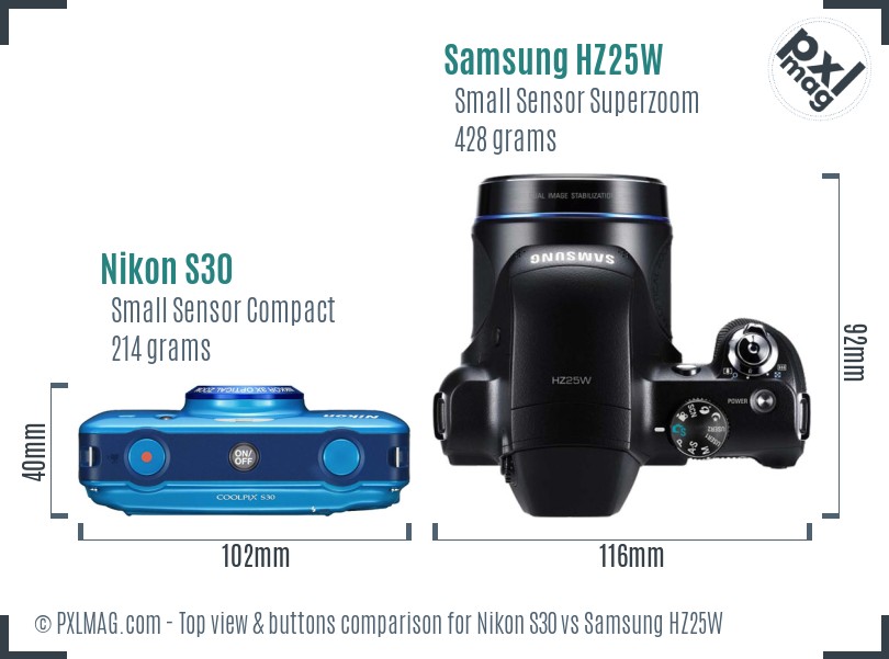 Nikon S30 vs Samsung HZ25W top view buttons comparison