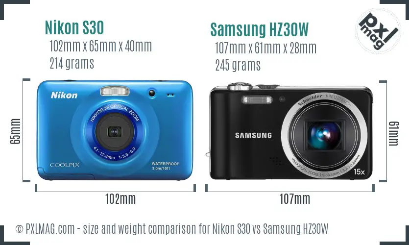 Nikon S30 vs Samsung HZ30W size comparison