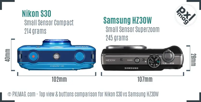 Nikon S30 vs Samsung HZ30W top view buttons comparison