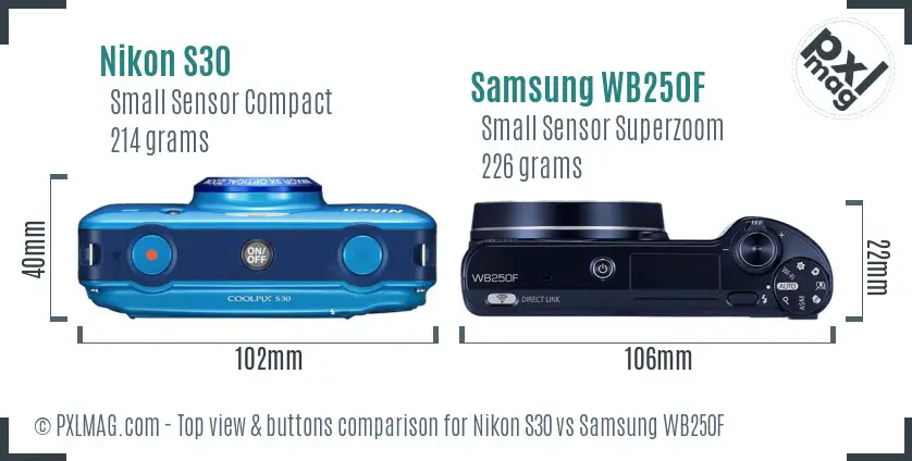 Nikon S30 vs Samsung WB250F top view buttons comparison Nikon S30 vs Samsung WB250F top view buttons comparison