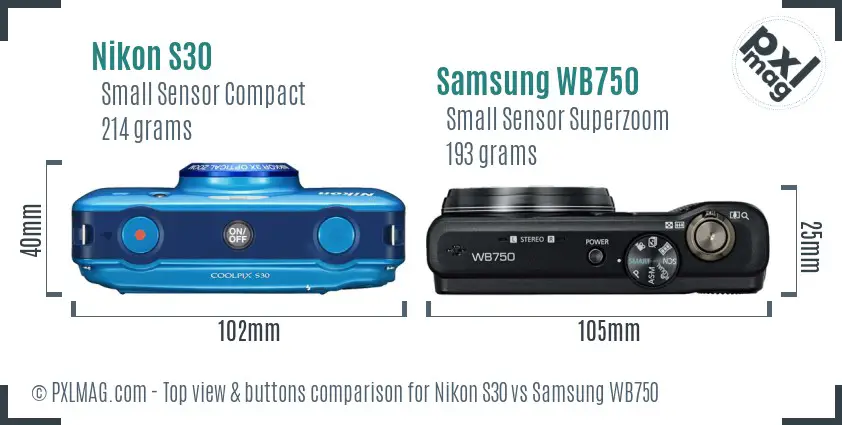 Nikon S30 vs Samsung WB750 top view buttons comparison Nikon S30 vs Samsung WB750 top view buttons comparison