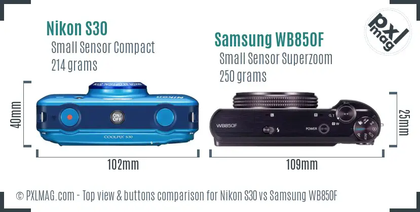 Nikon S30 vs Samsung WB850F top view buttons comparison Nikon S30 vs Samsung WB850F top view buttons comparison