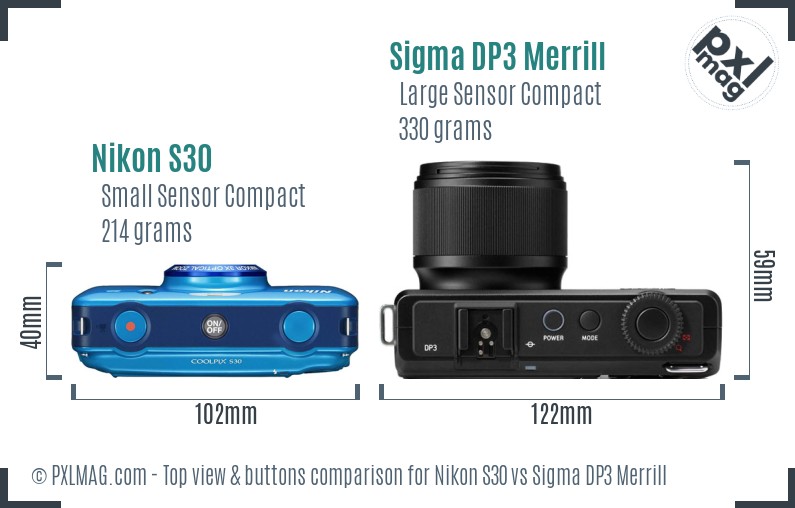 Nikon S30 vs Sigma DP3 Merrill top view buttons comparison