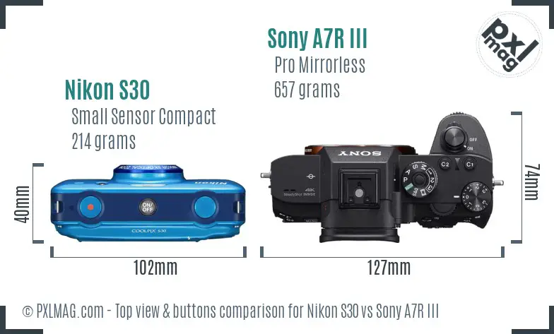 Nikon S30 vs Sony A7R III top view buttons comparison