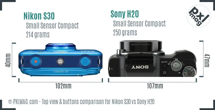 Nikon S30 vs Sony H20 top view buttons comparison Nikon S30 vs Sony H20 top view buttons comparison