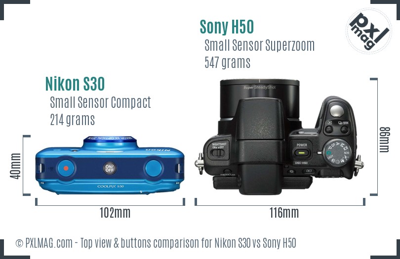 Nikon S30 vs Sony H50 top view buttons comparison