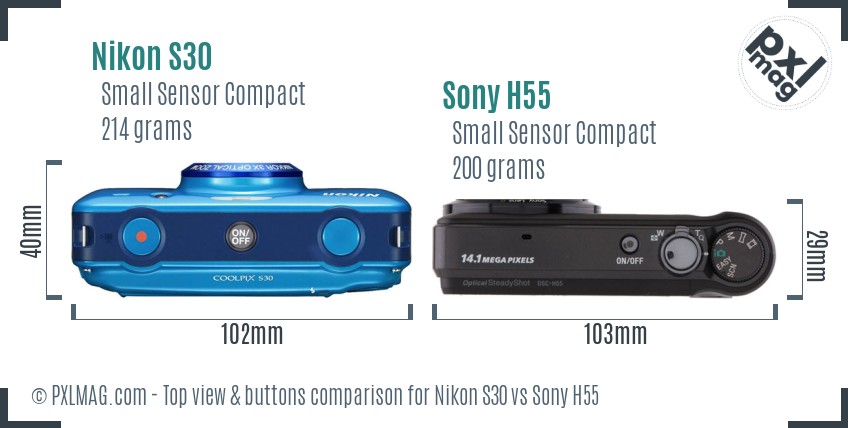 Nikon S30 vs Sony H55 top view buttons comparison