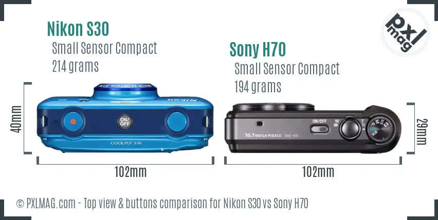 Nikon S30 vs Sony H70 top view buttons comparison Nikon S30 vs Sony H70 top view buttons comparison