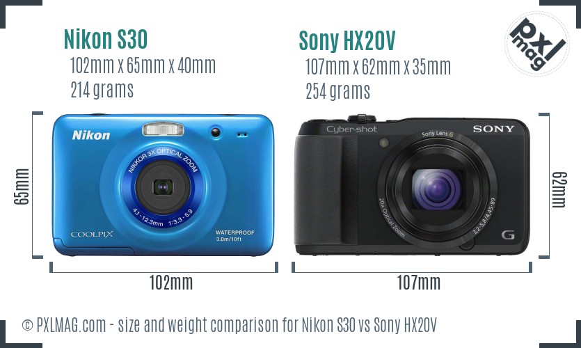 Nikon S30 vs Sony HX20V size comparison Nikon S30 vs Sony HX20V size comparison